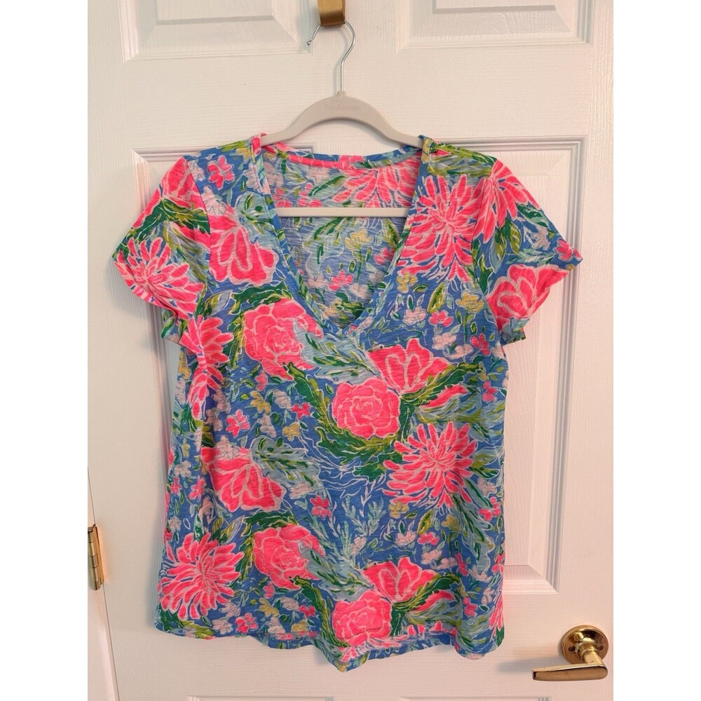 Lilly Pulitzer Etta V Neck Bunny Business Size Meduim Floral Short Sleeve Pink